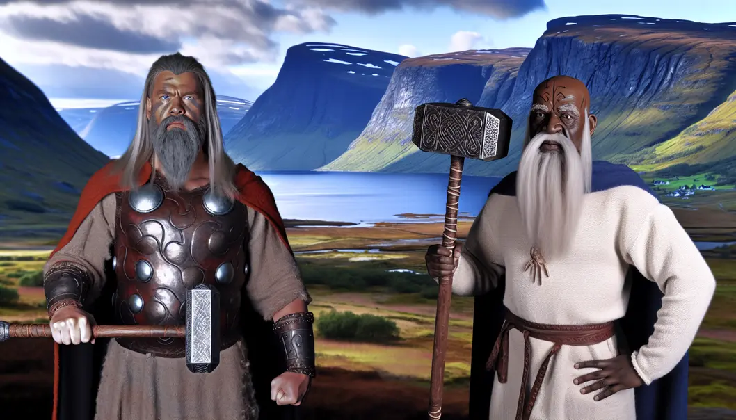 The legendary figures of Norse mythology, Odin and Thor, standing majestically in traditional Viking attire.